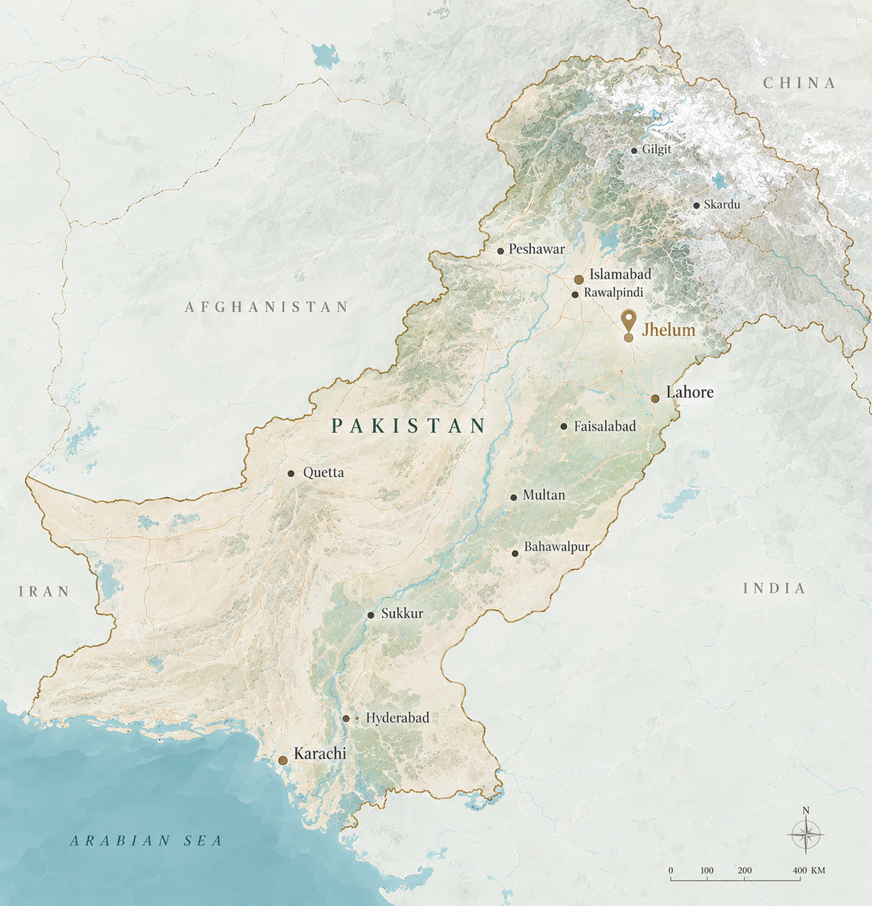 Map of Pakistan highlighting Jhelum in Punjab, with Islamabad, Rawalpindi and Lahore shown nearby.