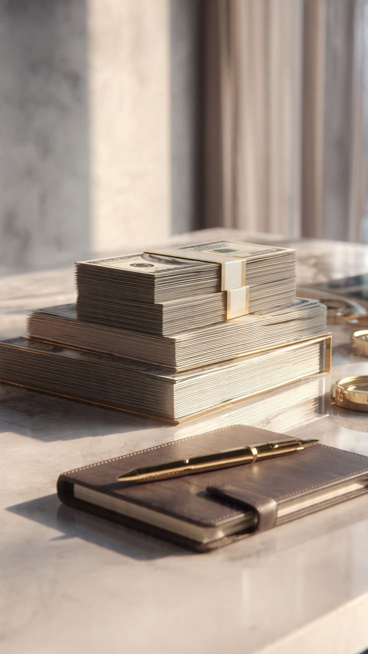 Stacks of US dollar banknotes beside a leather notebook and gold pen on a marble desk.
