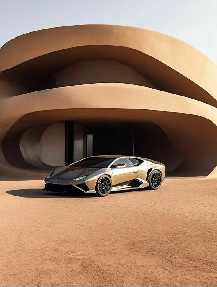 Luxury sports car parked outside a sculptural modern residence with curved bronze-toned architecture.