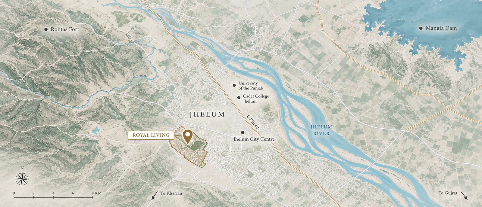Illustrated location map of Royal Living in Jhelum, Pakistan, showing its position near Jhelum City Centre, GT Road and the Jhelum River, with regional landmarks including Rohtas Fort and Mangla Dam.