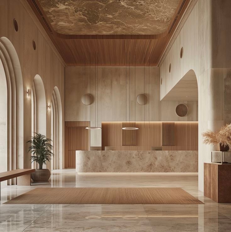 Luxury reception lobby with arched windows, stone desk, wood paneling, pendant lights and polished marble floors.