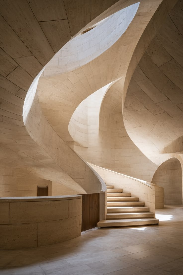 Sculptural beige stone interior with sweeping curved architecture, skylights and a softly illuminated staircase.