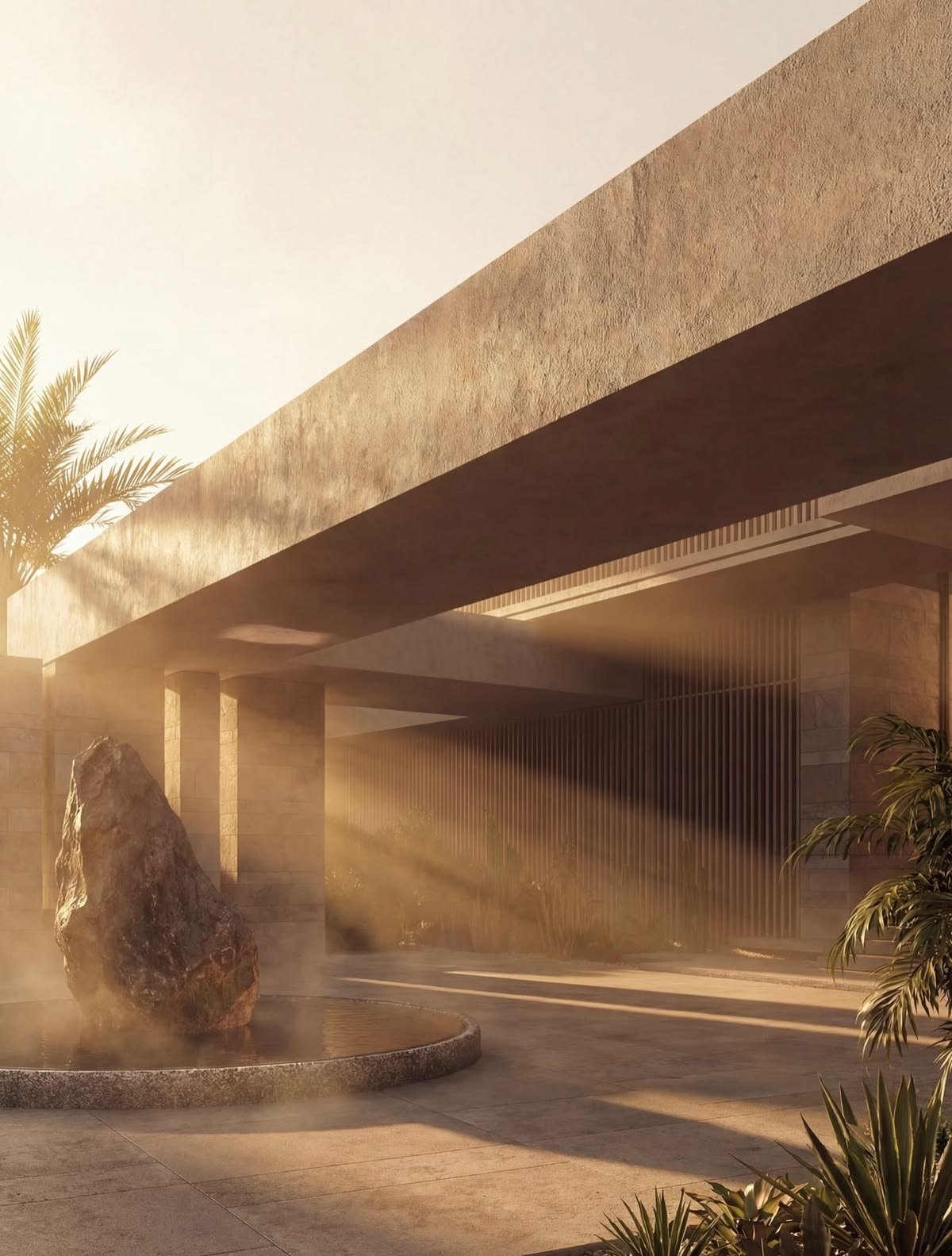 Minimalist luxury desert residence entrance illuminated by warm golden sunlight, featuring a sculptural rock fountain, palm landscaping, and monumental stone architecture.