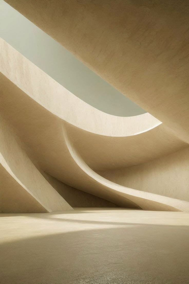 Sculptural beige interior with flowing curved walls, organic forms and a large skylight casting natural light.