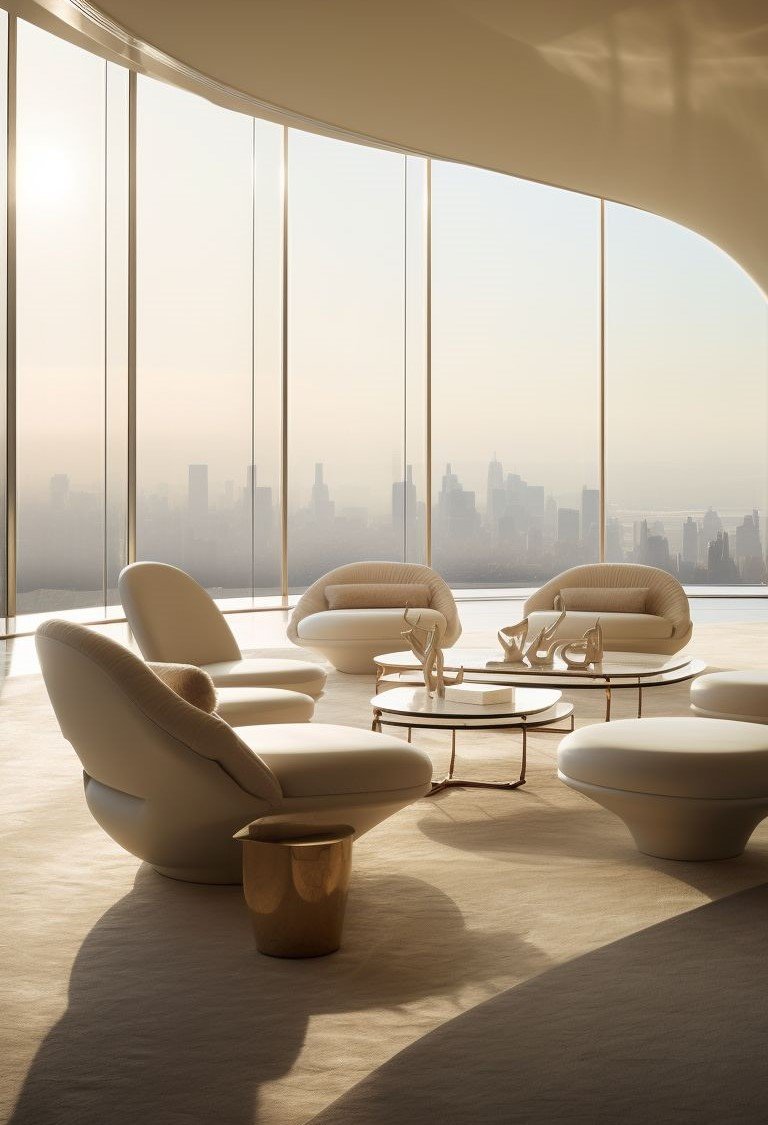 Luxury high-rise living room with curved neutral seating, floor-to-ceiling windows and panoramic city views.