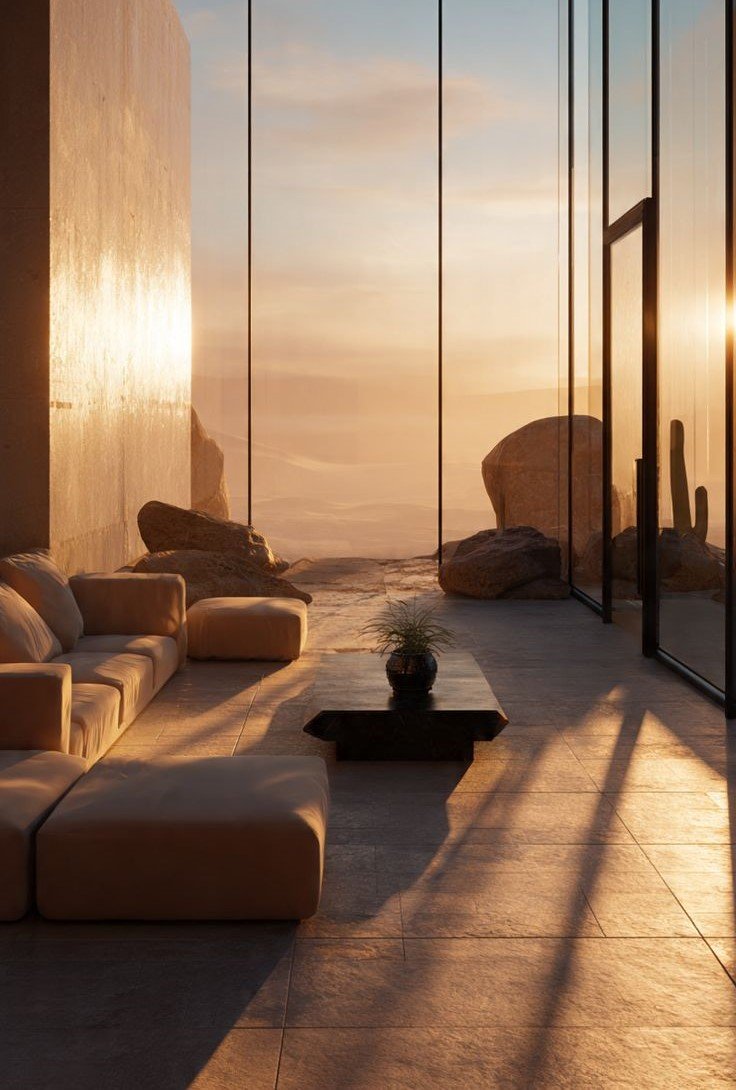 Luxury living room with floor-to-ceiling glass, neutral sofas and sunset views across a desert landscape.