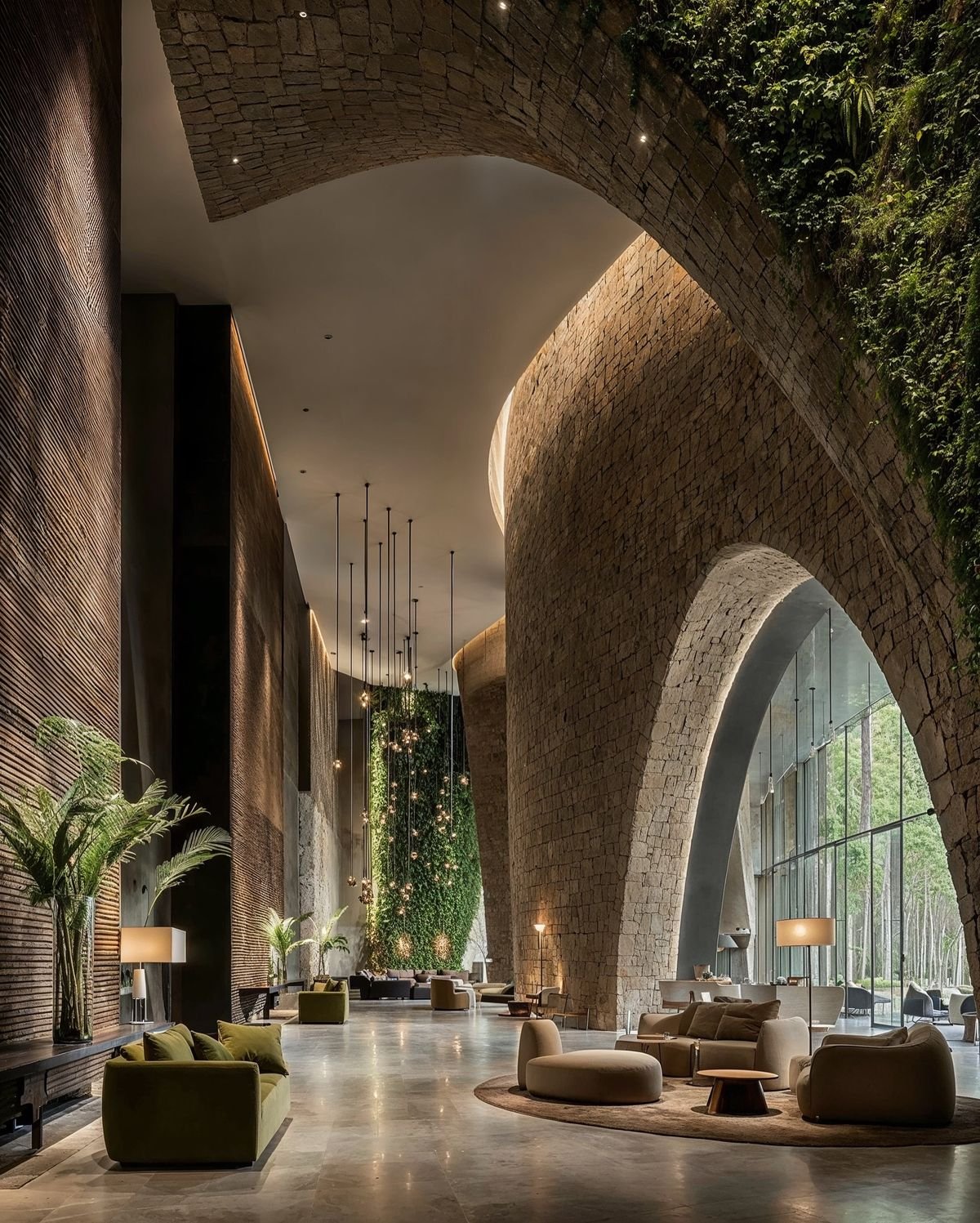 Luxury lobby with soaring brick arches, floor-to-ceiling windows, greenery, pendant lights and lounge seating.