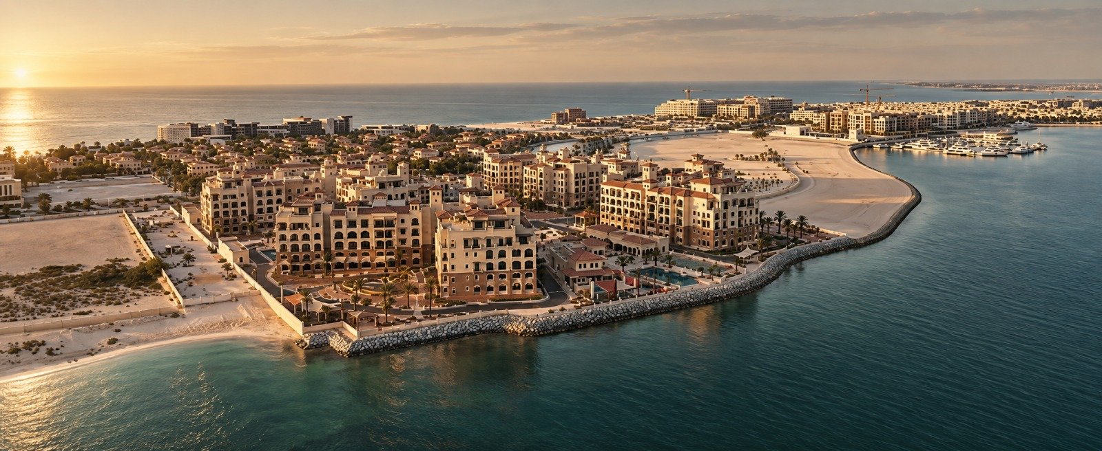 Aerial view of an elegant coastal residential community at golden sunset, surrounded by turquoise water, beaches, villas, apartments and a luxury marina.