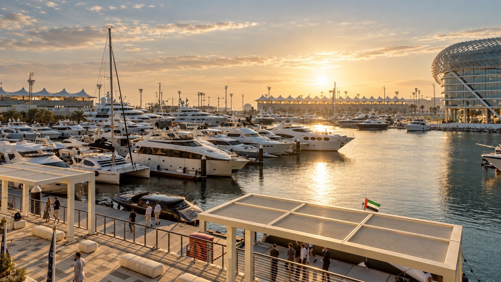 Luxury marina filled with yachts at golden sunset, reflecting an upscale waterfront lifestyle and premium leisure environment.