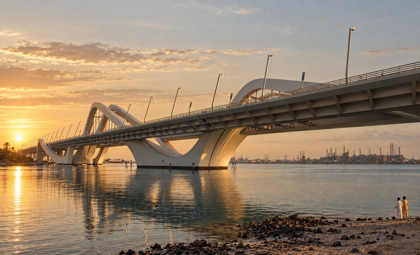 Modern landmark bridge crossing a wide river at golden sunset, representing premium connectivity and infrastructure near Royal Living Jhelum.